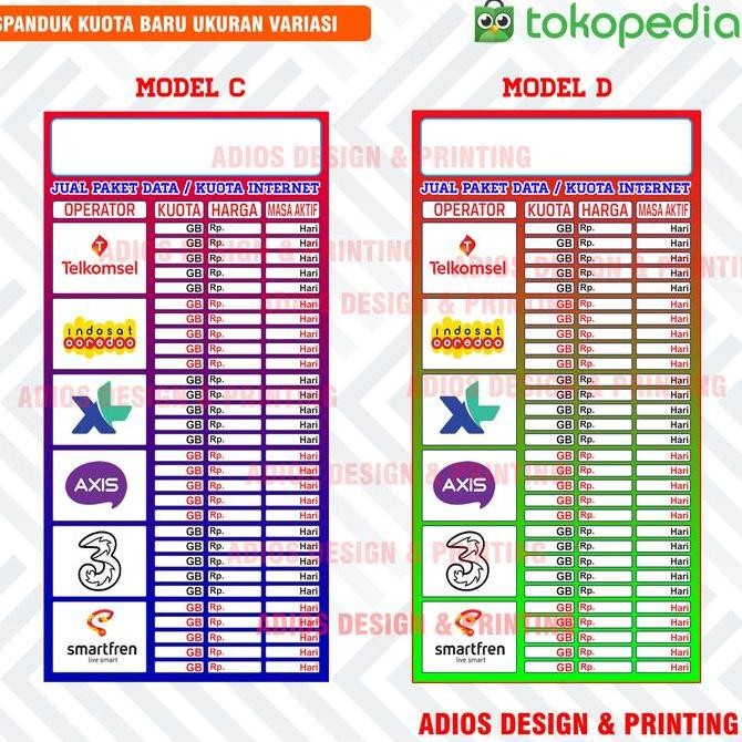 Spanduk pulsa Banner Tabel Harga kuota baru ukuran variasi