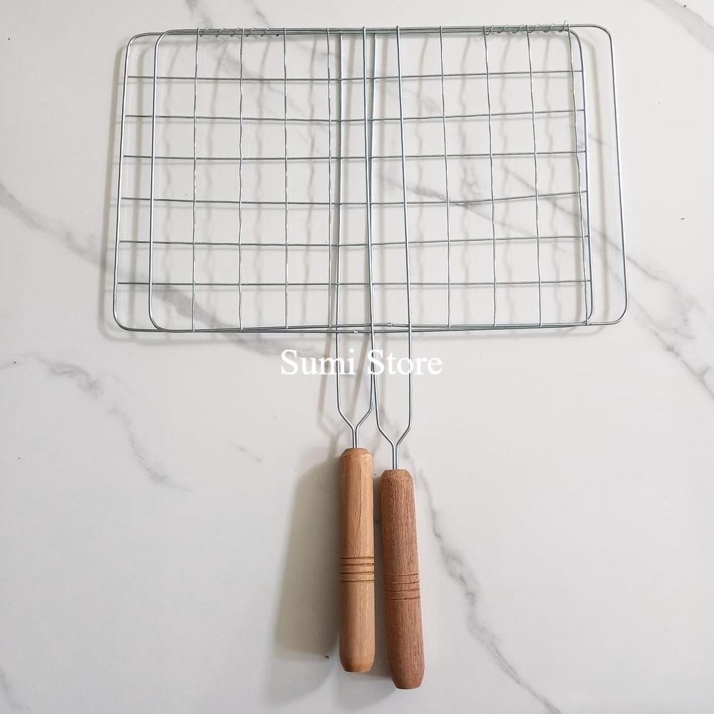 Panggangan Ikan Bakar / Alat Bakaran / Panggangan Ikan Besar Gagang Kayu / Panggangan Capit Besar / 