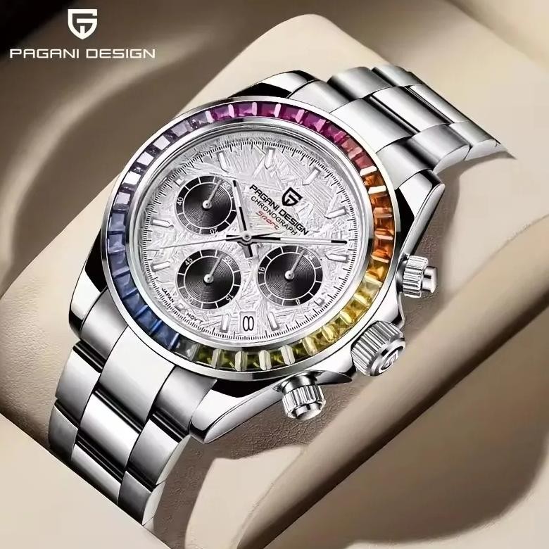 2025 New PAGANI DESIGN Fashion Rainbow Bezel Men Multifunctional Quartz Watch 100M Waterproof Luxury