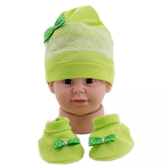 Premium  Topi Set Sepatu Okiyo Motif Renda - Topi Bayi Perempuan