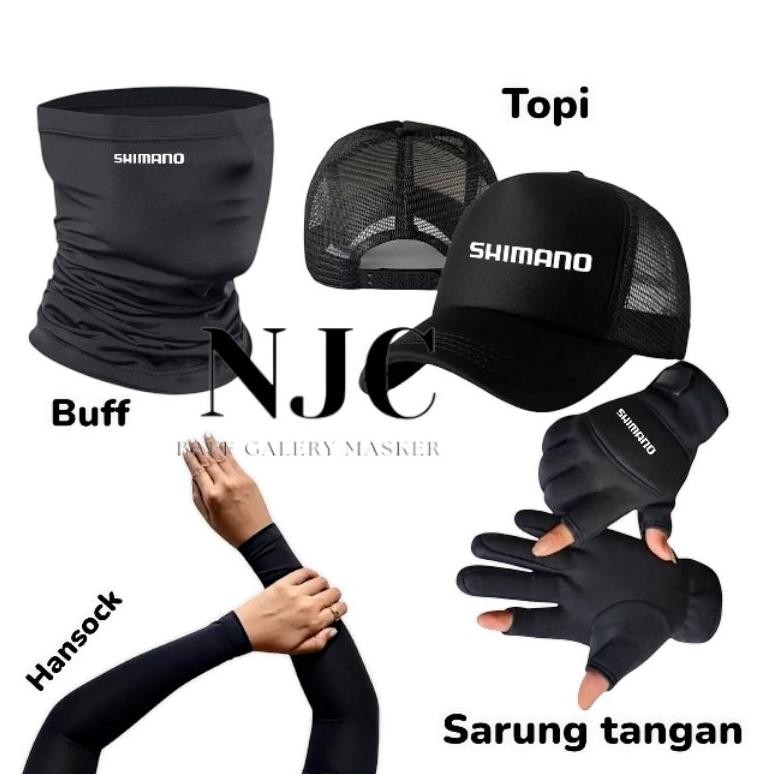 TERMURAH 4 Ini 1 Paket Hemat Mancing (Shimano) Sarung Tangan 2 Jari Buntung+Baff+Manset+Topi Jaring 