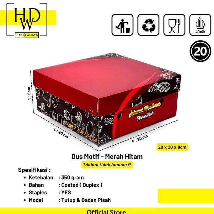 [50Pcs] Dus / Kotak Nasi 20X20X8Cm Full Colour - Motif Merah Hitam