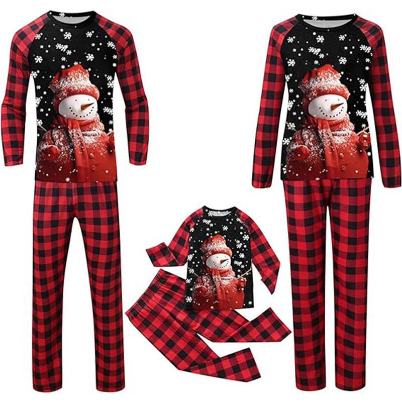 Cartoon Snowman Plaid Christmas Pajamas Autumn Homewear Long-sleeved Suit Top Pants Casual Sleepwear