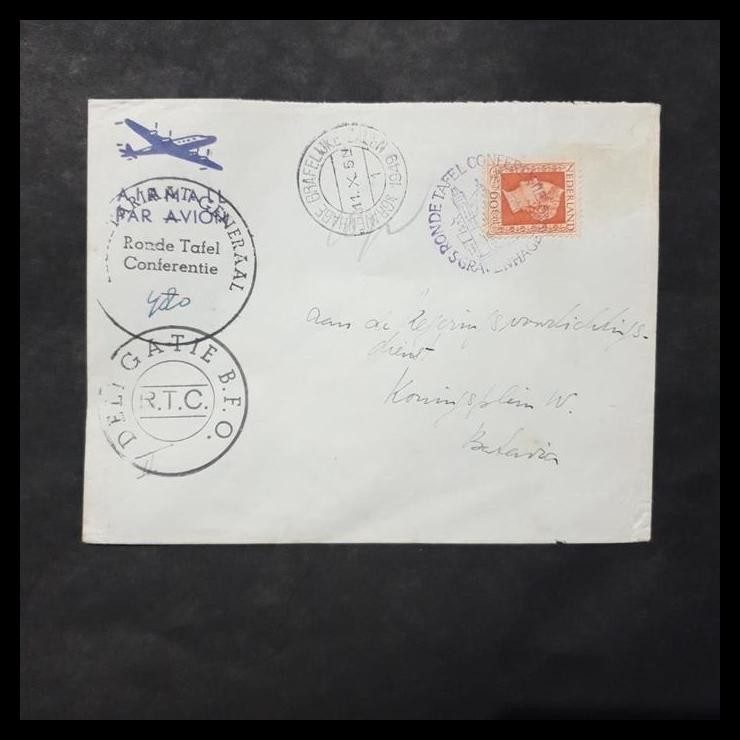 

HOT DEAL PRANGKO BELANDA/NEDERLAND. SAMPUL POS UDARA, PRANGKO WILHELMINA 60 CENT DENGAN STEMPEL KHUSUS RONDE TAFEL CONFERENTIE 1949 DIKIRIM KE BATAVIA. ISTIMEWA !!