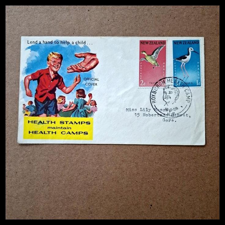 

TERBARU PRANGKO TEMA BURUNG. ANAK-ANAK HEALTH STAMPS MAINTAIN HEALTH CAMPS. LEND A HAND TO HELP A CHILD... FDC DARI NEW ZEALAND 6.9.1959 !!!