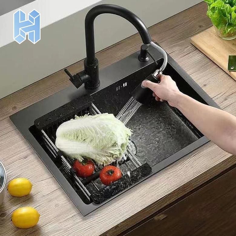 Paket Lengkap Kitchen Sink Dan Kran Tarik Hitam Wastafel Cuci Piring Stainless Tempat Cuci Piring
