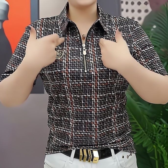 Kemeja Pria Bisnis Kasual Serbaguna Tren Fashion Kotak-kotak dengan Resleting POLO Pelangsing