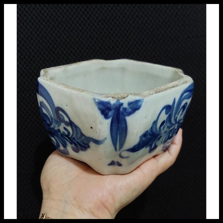 TERBARU PAJANGAN POT BONSAI KERAMIK CHINA LAWAS MOTIF PUTIH BIRU 