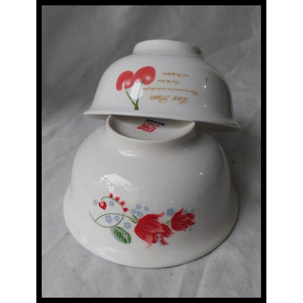 TERBARU MANGKOK KERAMIK CHINA MOTIF BUAH DAN BUNGA 2 BUAH 