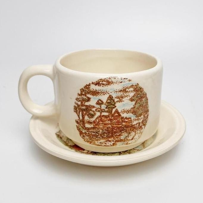 SET CANGKIR KOPITIAM KERAMIK + TATAKAN - CANGKIR KOPI TIAM GAYA VINTAGE