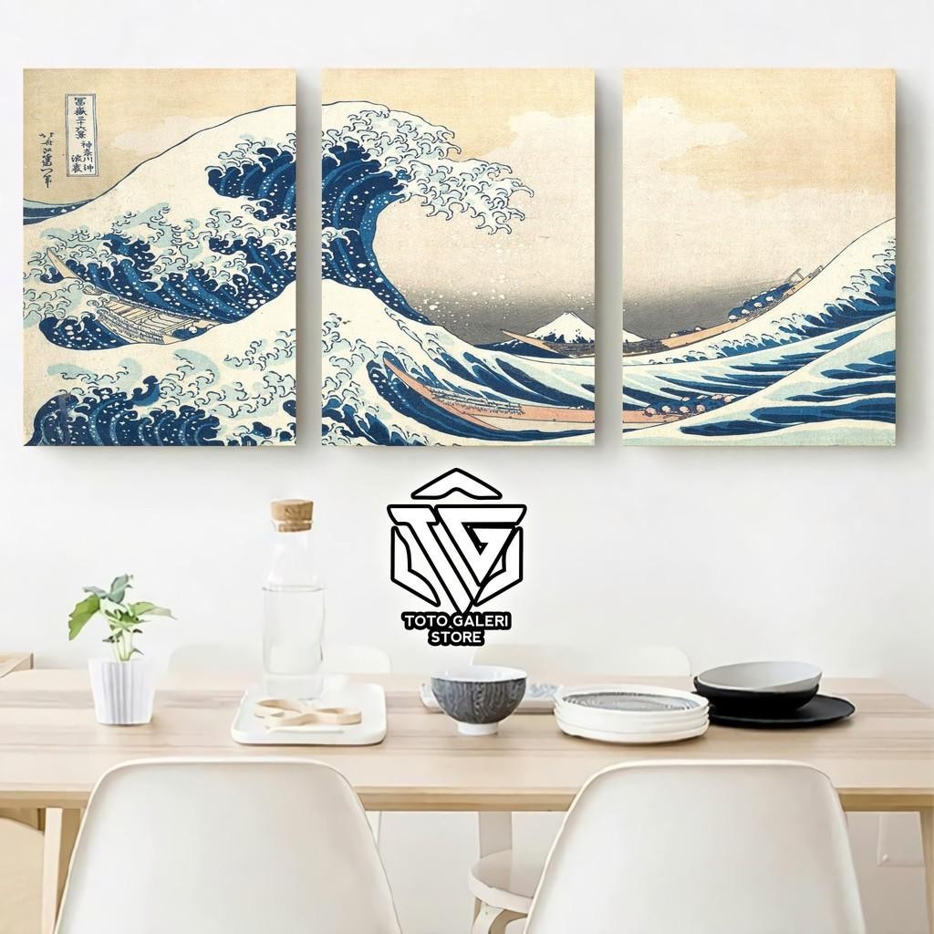 Hiasan Dinding Wall Decor Poster Home Decor Ombak Kanagawa Jepang 3 Panel
