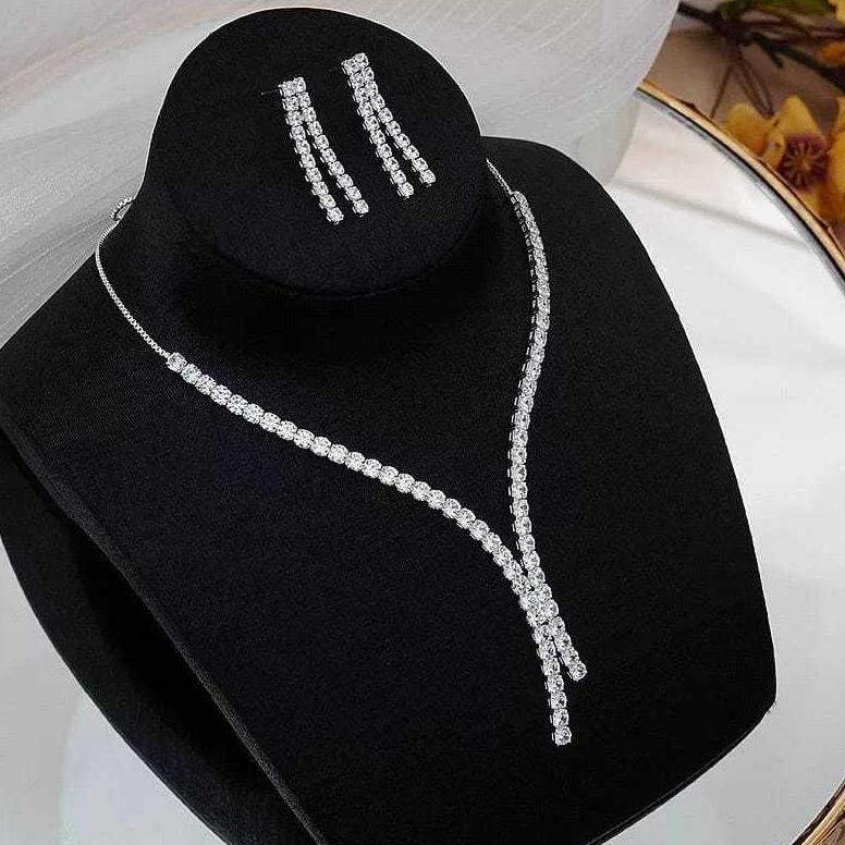 Kalung Crystal Set Anting - Kalung Pernikahan - Kalung Anting Liontin - Aksesoris Pengantin Bridesma