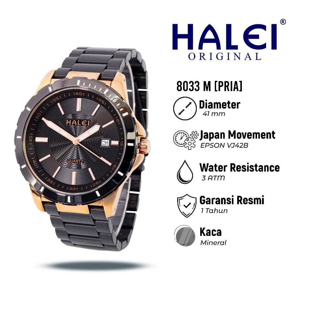 Halei 8033 M Jam Tangan Pria Halei Original Anti Air Rantai Stainless Back Tanggal Analog Kekinian
