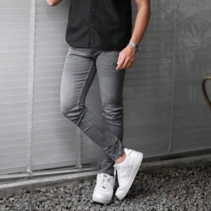 

Celana Jeans Pria Skinny Pensil SlimFit Stretch Panjang Denim Warna Dark Grey Cowok Keren
