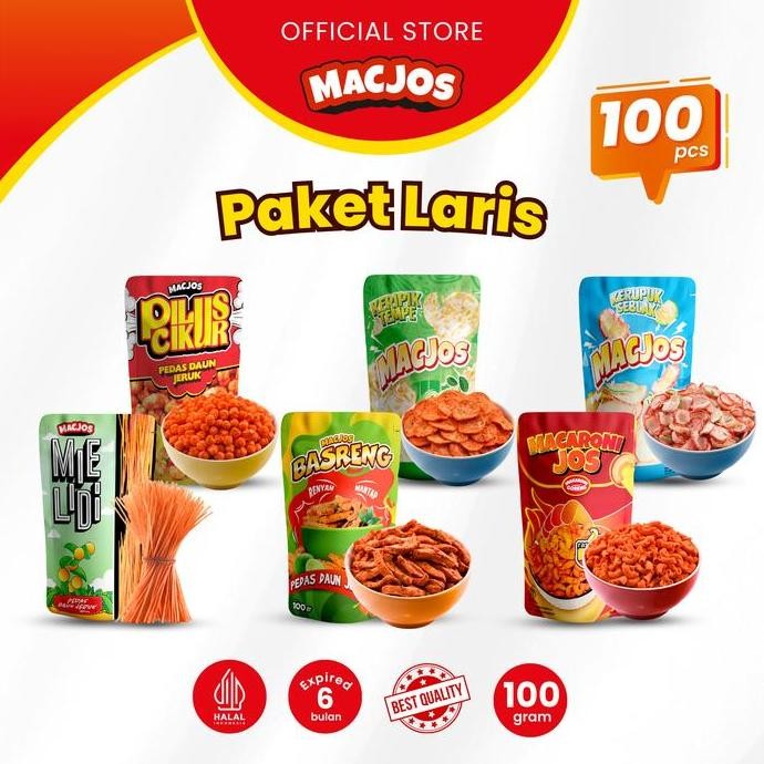

MACARONI JOS Cemilan Paket Laris 100pcs - Makaroni Mie Lidi Pilus Cikur Basreng Kerupuk Seblak Keripik Tempe - Isi 6 Varian Produk Food Snack