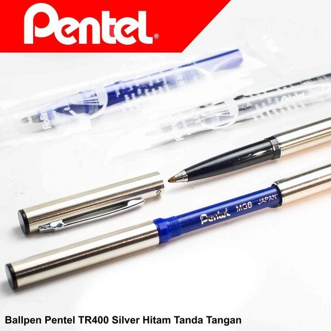 

Pentel Rolling Writer Ballpen Sign Pen Tr400 Silver Barrel (Tanda Tangan) Tinta Hitam (Mg8) New Stok