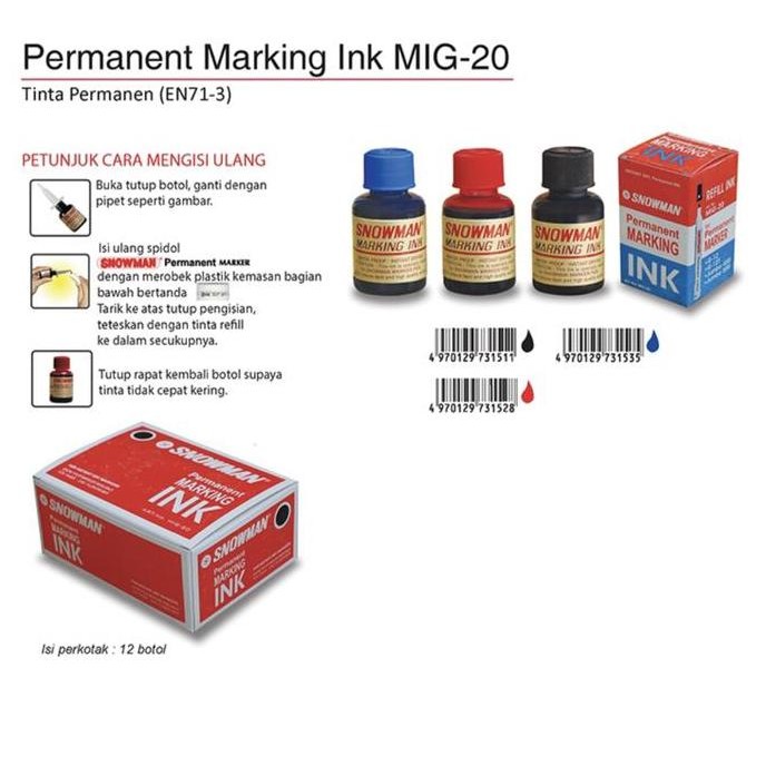 

(1 Lusin) Tinta Spidol Snowman Refill Ink Mig-20 Untuk Spidol G-12 New Stok