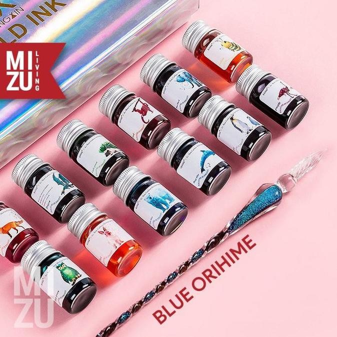 

Mizu Penna Vetro Xii Glass Dip Pen Kaca Calligraphy Set 12 Tinta Shimmering Glitter Ink New Stok