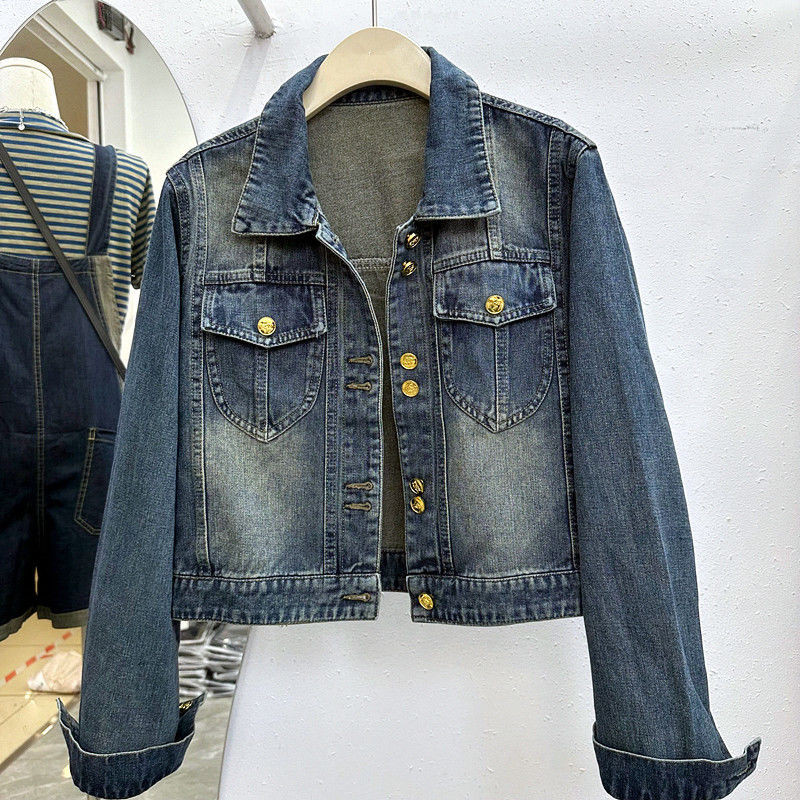 Women's Spring Versatile Single-Breasted Solid Color POLO Vintage Denim Jacket