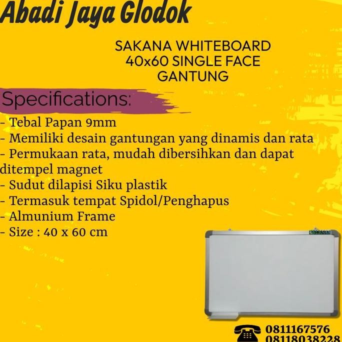

Sakana Whiteboard 40X60 Single Face Gantung New Stok