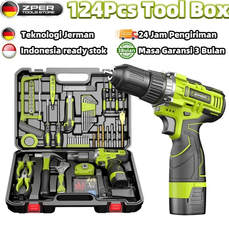 120PCS Tool Box Besar Mesin Bor Baterai Toolkit Set Alat Tukang Bangunan Lengkap Kotak Perkakas