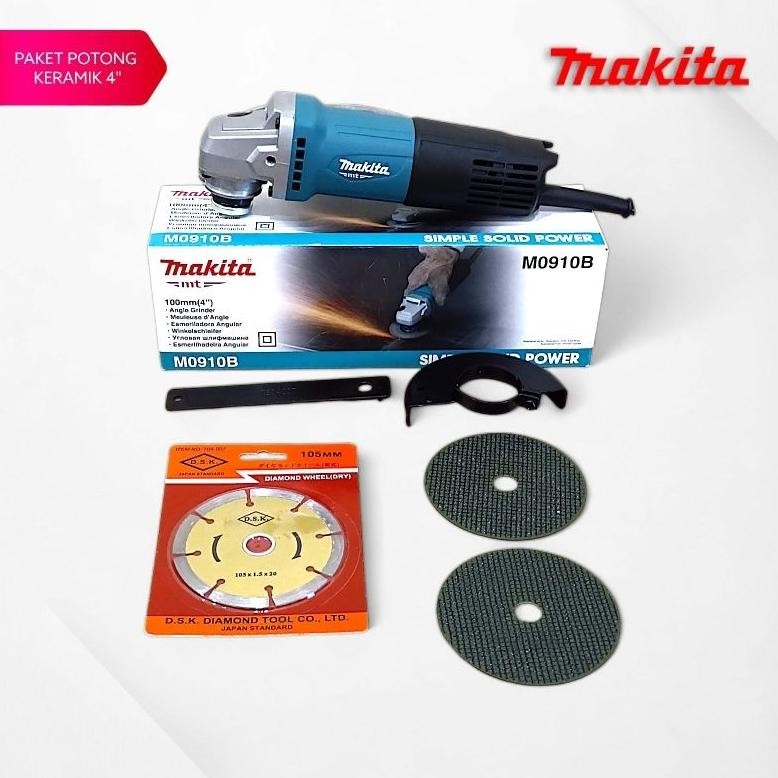 Paket Lengkap Mesin Gerinda Tangan MAKITA 4"inch  M0910B Bonus Mata Potong Besi+Mata Potong Kayu 4"x