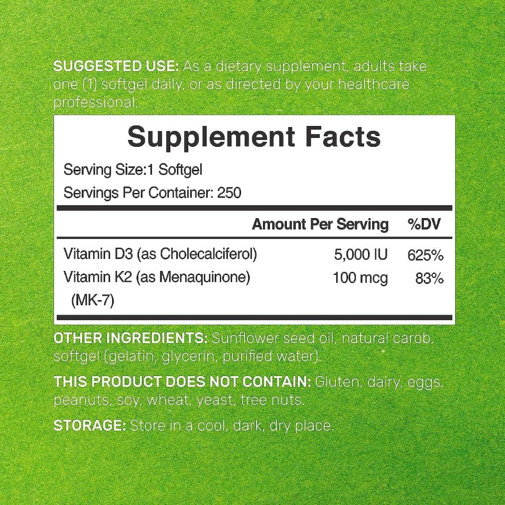 Deal Vitamin D3 5000IU  K2 100mcg MK4MK7 Vitamin D3 5000 IU 250 Softgel