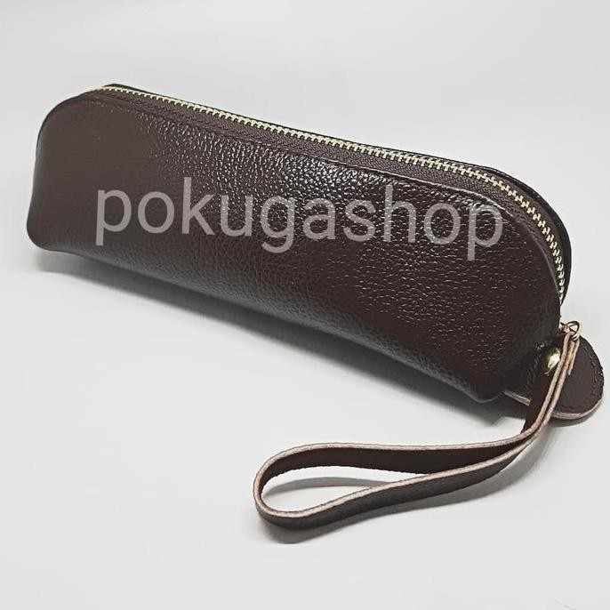 

Leather Pencil Case-Dompet Pensil Pulpen Kulit Sapi Asli Coklat Tua New Stok