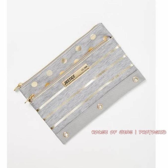 

Justice Grey Foil Stripe And Dot Pencil Case Original - Tempat Pensil New Stok