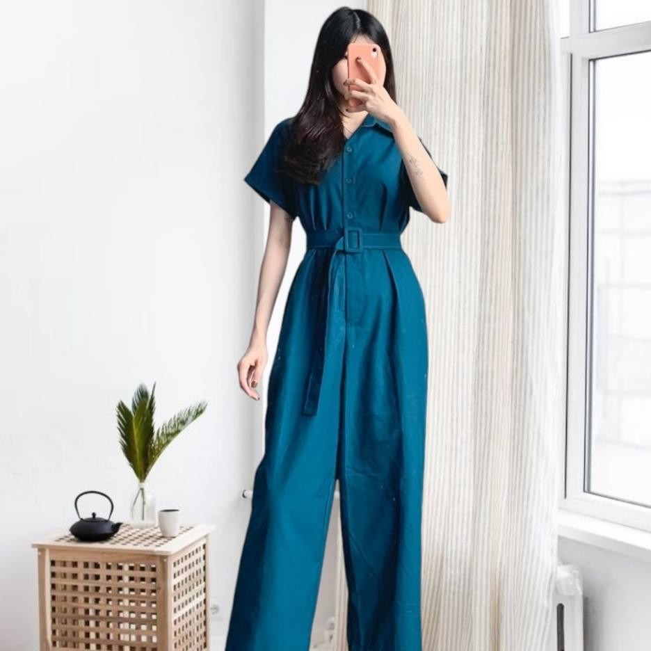 Katun Hitam 1102.1113 Eveny Long Jumpsuit Overall Baju Kodok Langsung Celana Wanita Dewasa Kekinian 