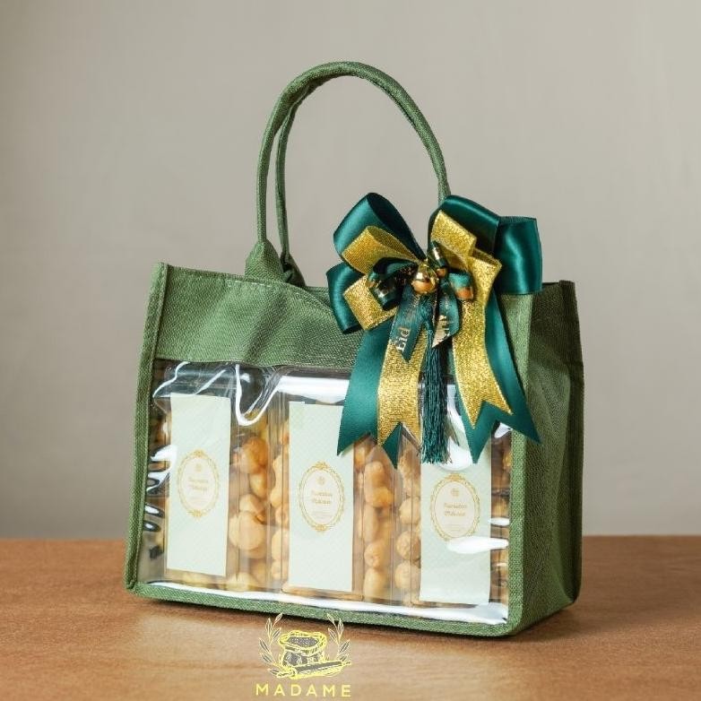 

gd-8 vb-8 Goodie Bag Tas Mika Kombinasi Hampers Muat Toples Jar Idul Fitri - Hijau / Cream Polos Sale Sale