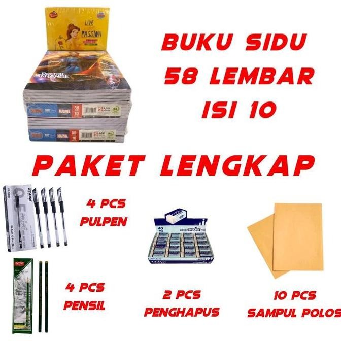 

Grosir Buku Sidu 58 paket komplit 4 Pensil 4 pulpen gell 2 penghapus Dan 10 lembar sampul polos Tebal