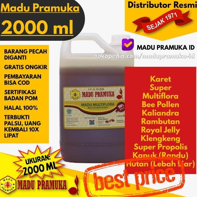 

TERMURAH MADU PRAMUKA 2 LITER (2000ML) ASLI - VARIAN MULTIFLORA, RANDU, HUTAN, PROPOLIS, ROYAL JELLY, DLL