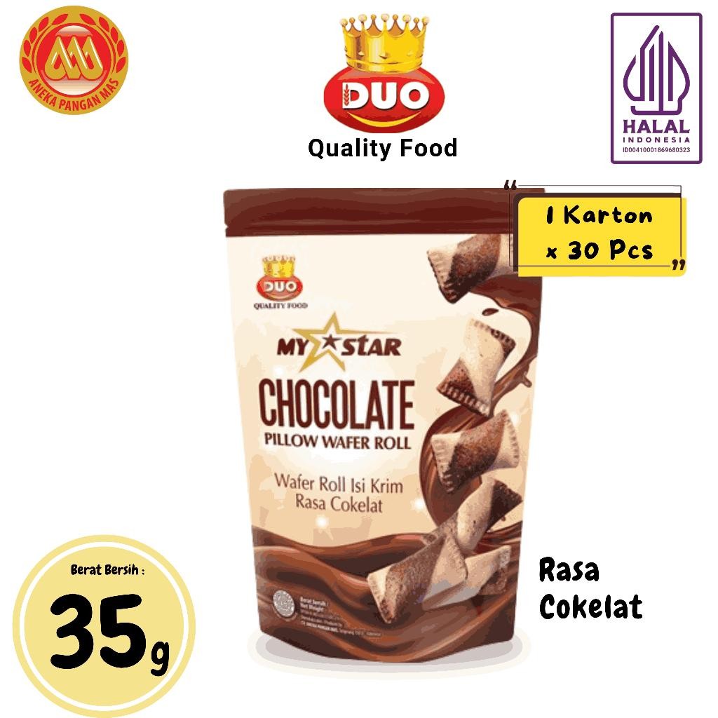 

DUO My Star Pillow Wafer Cokelat (1 Karton X 30 pcs) - Netto 35gr Snack Cemilan Anak Murah Ori!!