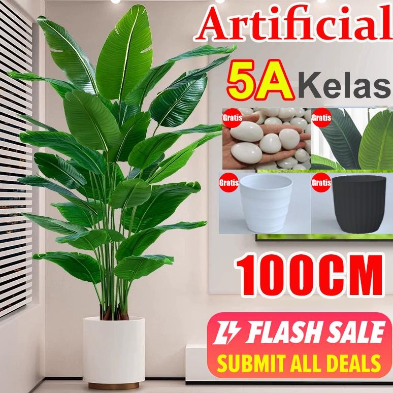 DAUN PALEM PLASTIK POHON 180CM 5AKELAS POHON PISANG ARTIFICIAL DAN POT PALSU DAUN DEKORASI POHON TAN