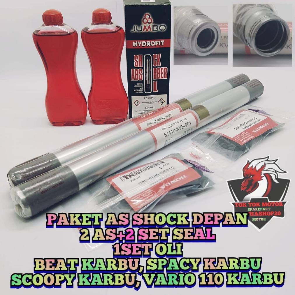 Paket AS Sok Depan 2Pcs + Seal Shock Abu 2Set + Oli Shok Asli Original Motor Honda Beat Karbu , Scoo