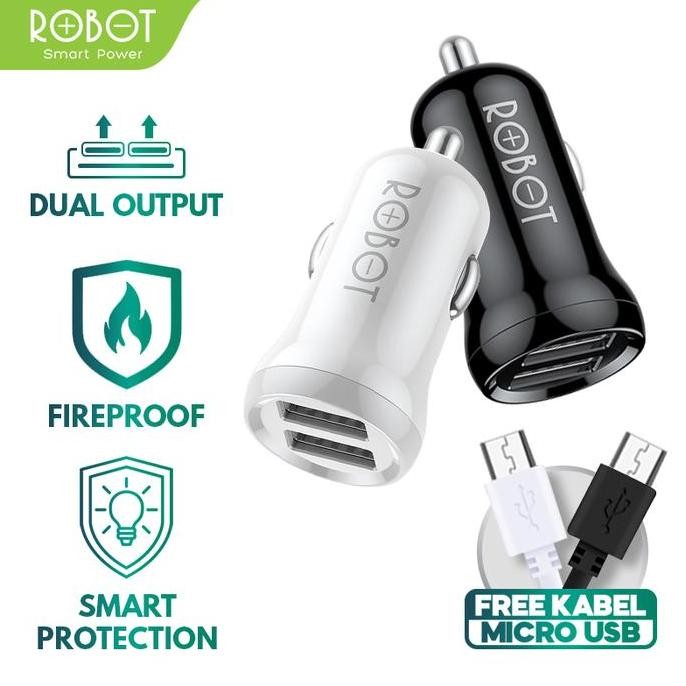 ASLI ROBOT RT-C07 CAR CHARGER USB COLOKAN MOBIL 2 PORT + KABEL MICRO GARANSI RESMI