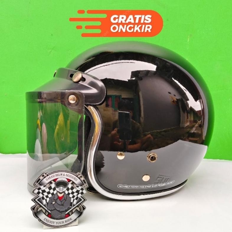 [LC] Helm Bogo Dewasa List Chrome Kaca Datar Hitam SNI - Helm Bogo Wanita Pria - Helm Bogo Clasik - 