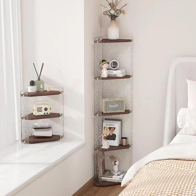 Rak Sudut Ruang Tamu Kayu Mewah Rak Penyimpanan Segitiga Minimalis Akrilik Premium Rak Sudut Kamar M