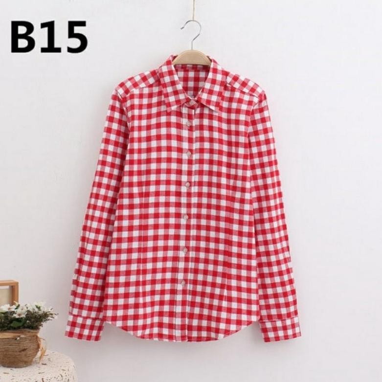 Gsl Kemeja Merah Putih Agustusan Wanita Kemerdekaan Kotak 1 Cm Lengan Panjang Basic Casual Korea Sty