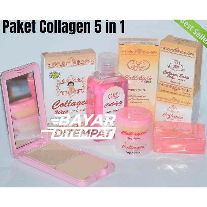 SIAP KIRIM PAKET COLLAGEN 5IN1 (TONER, KRIM SIANG MALAM, SABUN 701, BEDAK COLLAGEN TWC)
