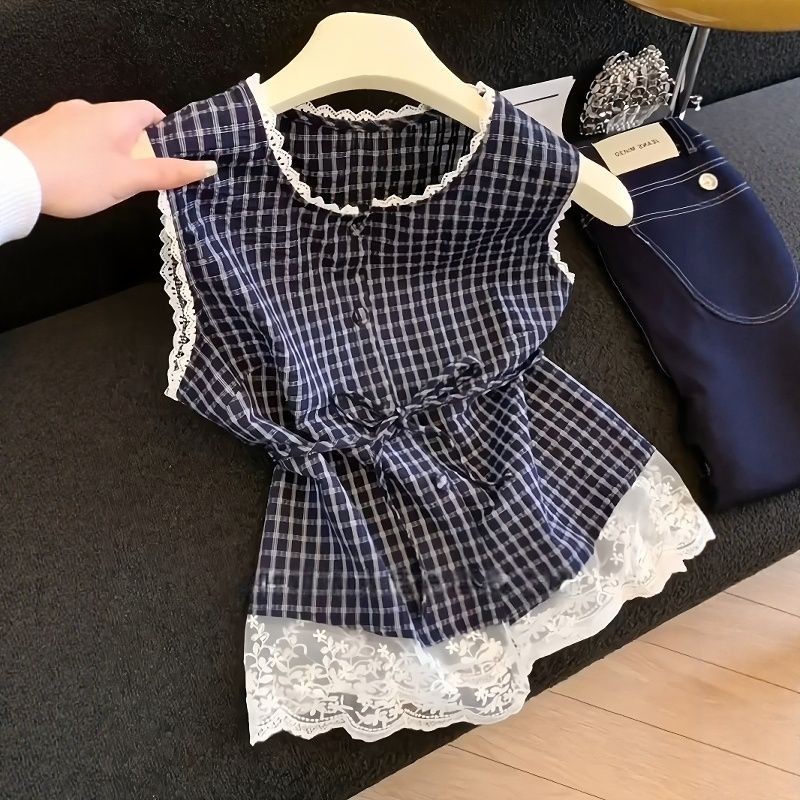 Rompi kemeja kotak-kotak dengan patchwork renda untuk wanita gaya Korea atasan tanpa lengan longgar