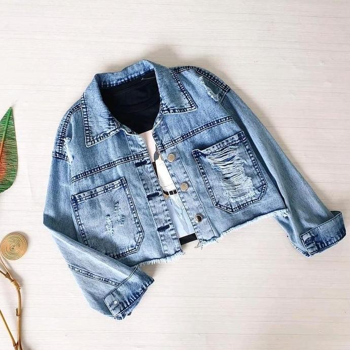 Jaket Jeans Crop Wanita Jaket Denim Krop Model Kancing Belakang