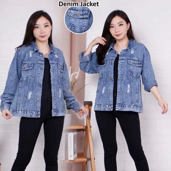 Jaket Jeans Oversize Jaket Denim Wanita Oversize Jaket Jeans Jumbo Sobek Lembut
