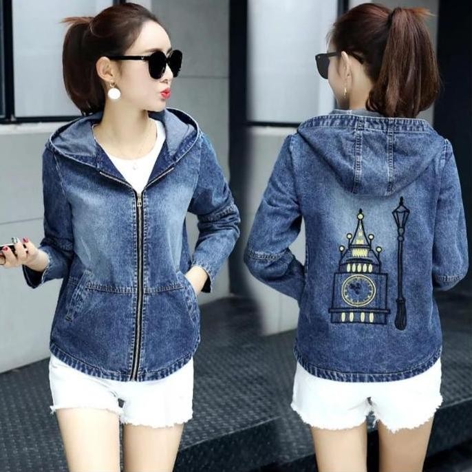 JAKET JEANS HOODIE WANITA LENGAN PANJANG RITSLETING BELAKANG BORDIR