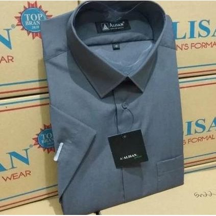 Kemeja Lengan Pendek Alisan Abu Tua Polos Pria Slimfit Bahan Berkualitas Premium