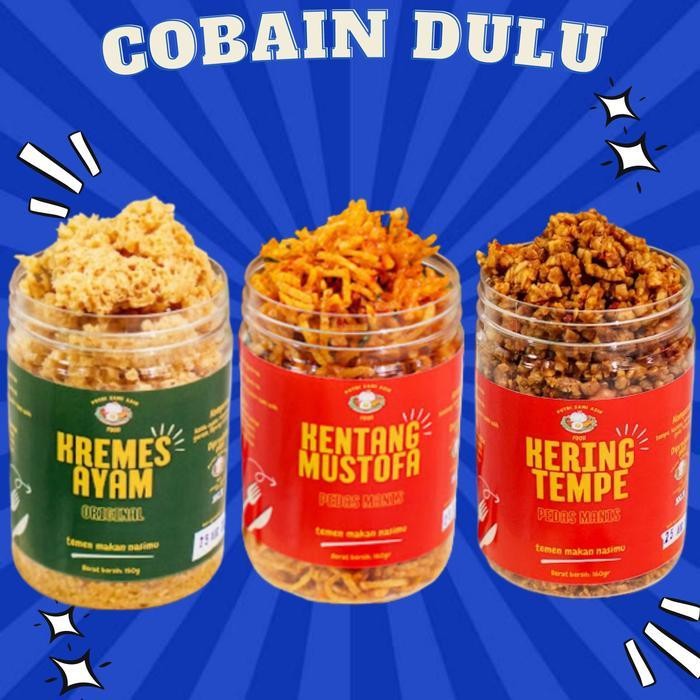 

SEDIA! PAKET COBAIN DULU Kremes Ayam Original 180gr/ Kentang Mustofa Pedas Manis 180gr/ Kering Orek Tempe Pedas Manis 250gr food keripik cemilans snacks Merah Chips Cemilan Snack Makanan Jagung Ori!!