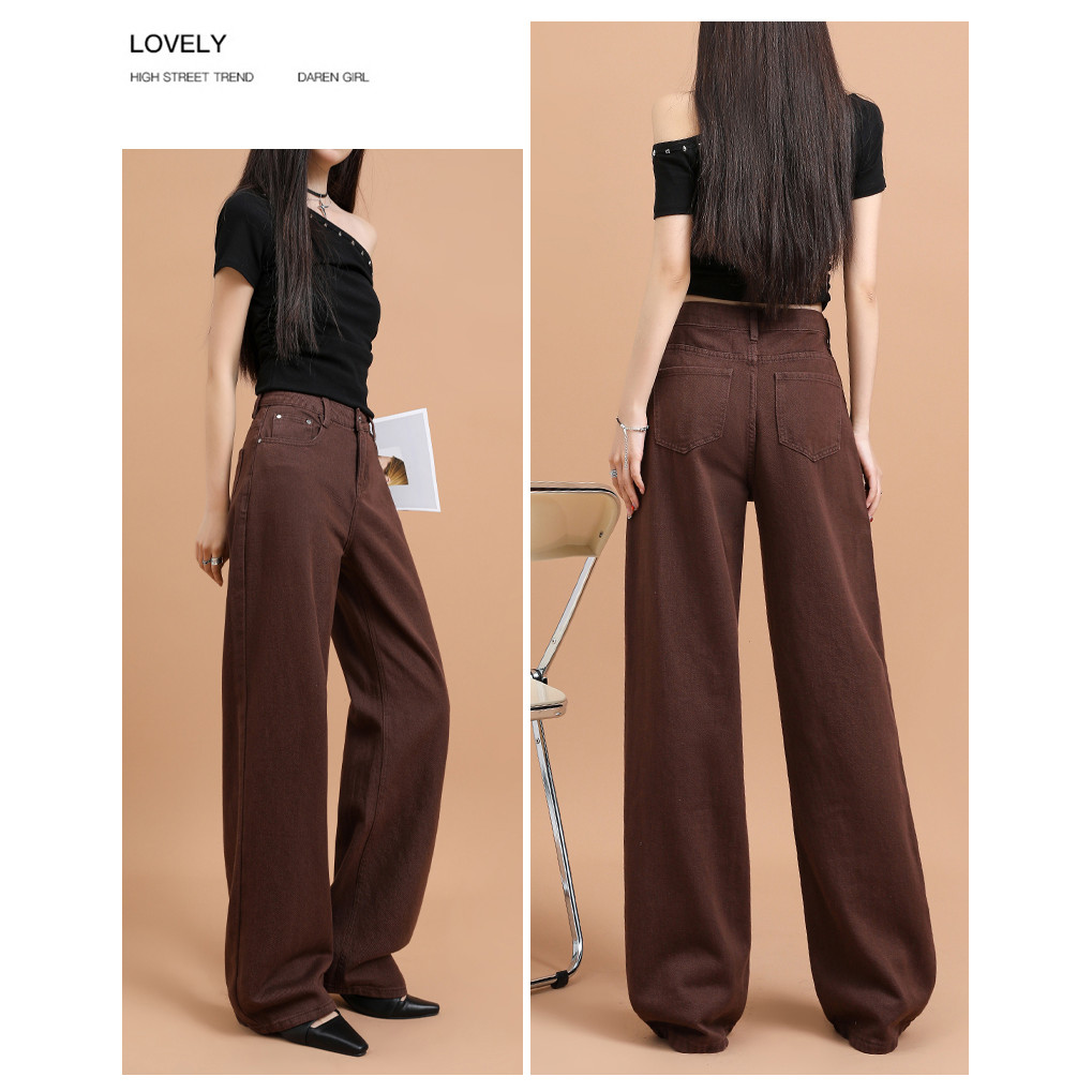Coklat Korean Style Celana Jeans Wanita-Straight Jeans-High Loose Jeans-Celana Jeans Panjang Wanita