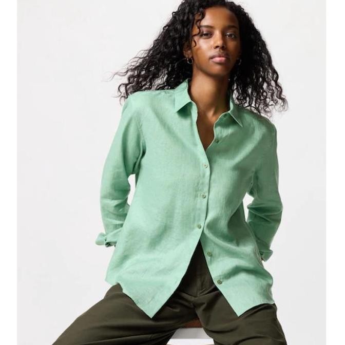 UNIQLO Women Kemeja Wanita Premium Linen Lengan Panjang Green