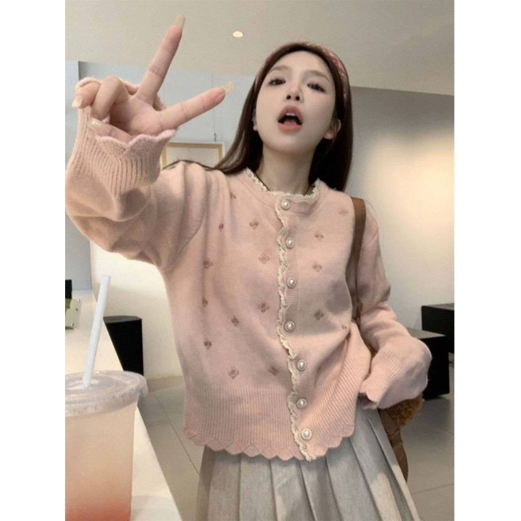 Kardigan Sweater Renda Bordir Gaya Korea untuk Wanita Lengan Pendek Panjang Longgar Kardigan Rajut